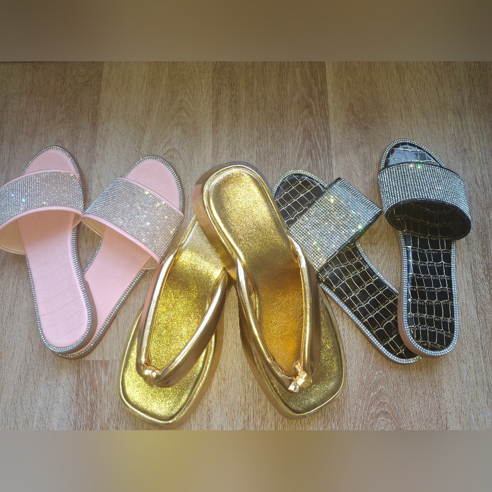 Bundle Women's Sandals sz9.5-10. 1 Gold Pair, 1 Pink, 1 Black